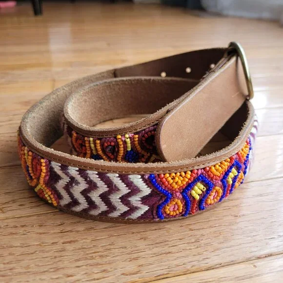 Lucky Brand Multi Embroidered Aztec Boho 100% Leather Belt Brown - Picture 2 of 16